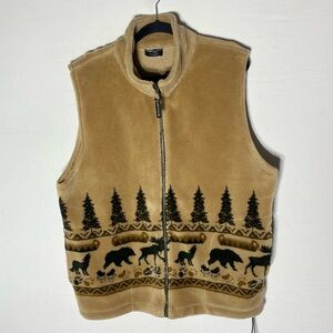 Vintage Any Wear Tan Fleece Full Zip Vest with Animal and Tree Pattern XL